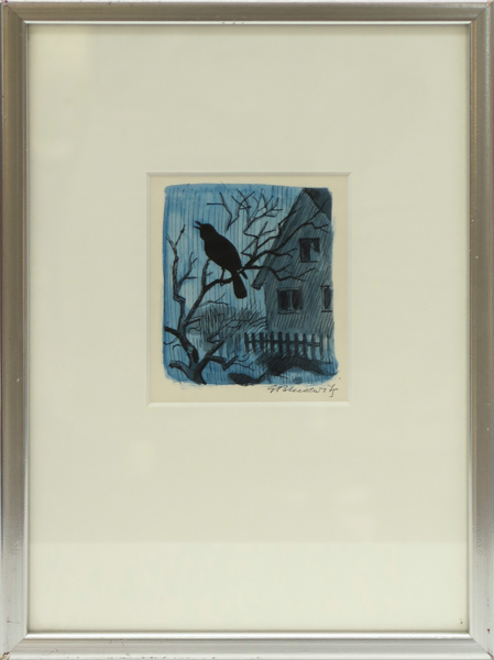 Brusewitz, Gunnar, blandteknik, "Koltrast", signerad, synlig pappersstorlek 11 x 9 cm