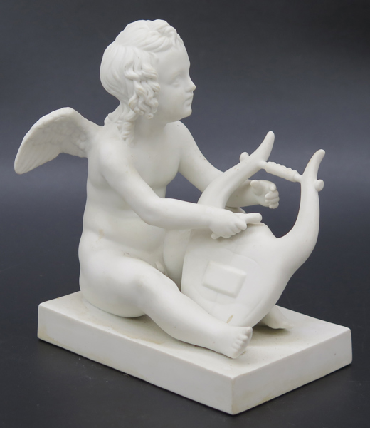 Thorvaldsen, Bertel för Royal Copenhagen, figurin, parian, amorin med harpa, 1800-talets mitt eller 2 hälft, h 15 cm
