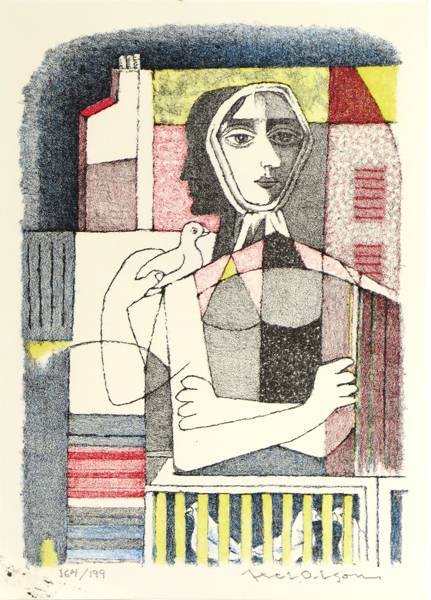 Olson, Axel, litografi, "Kvinna och fågel", ur Hommage à Otto G Carlsund, Galerie Bel'Art 1983, signerad och numrerad 164/199, 29 x 20 cm