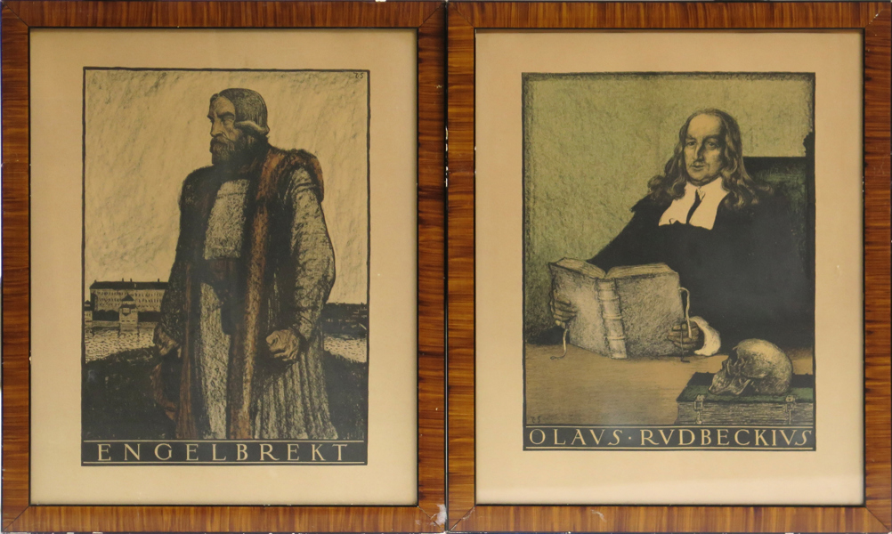 Schonberg, Torsten, grafiska blad, 2 st, Engelbrekt samt Olof Rudbeck, "Svenska stormän", signerade i trycket, synlig pappersstorlek 49 x 39 cm