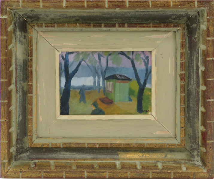 Okänd konstnär, olja, parkmotiv, signerad NN, a tergo med dedikation 1947, 12 x 12 cm