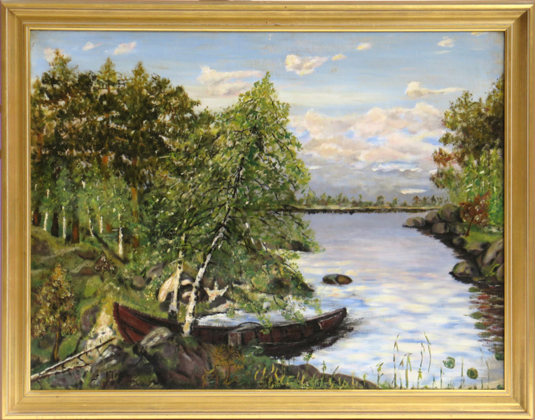 Okänd konstnär, olja, insjölandskap, otydligt signerad, 57 x 70 cm