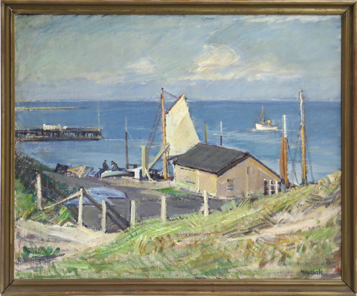 Holbak, Niels, olja, Hvidesande havn, signerad, 57 x 69 cm