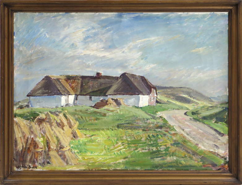 Holbak, Niels, olja, hus i landskap, signerad, 45 x 59 cm