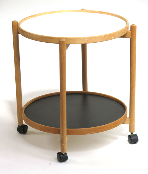 Bölling, Hans för Brdr Krüger, serveringsvagn,björk och laminat, "Krüger 50", vändbara brickor, h 55 cm, diameter 50 cm