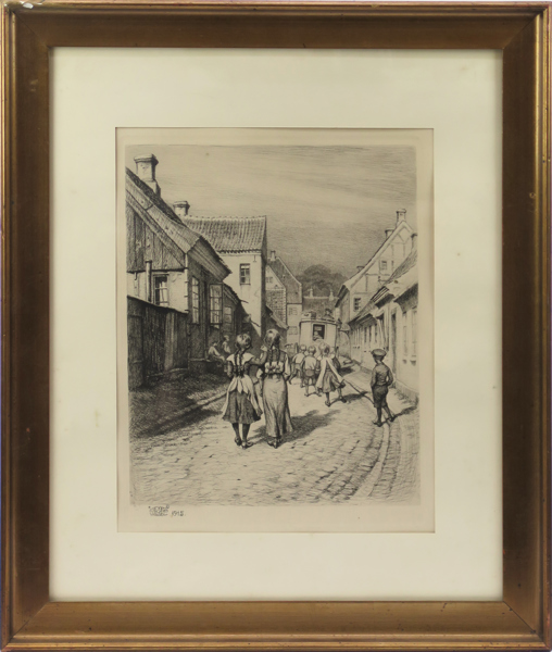 Petersen, Peter Tom, etsning, motiv från Ærøskøbing, signerad och daterad 1915 i trycket, synlig pappersstorlek 33 x 26
