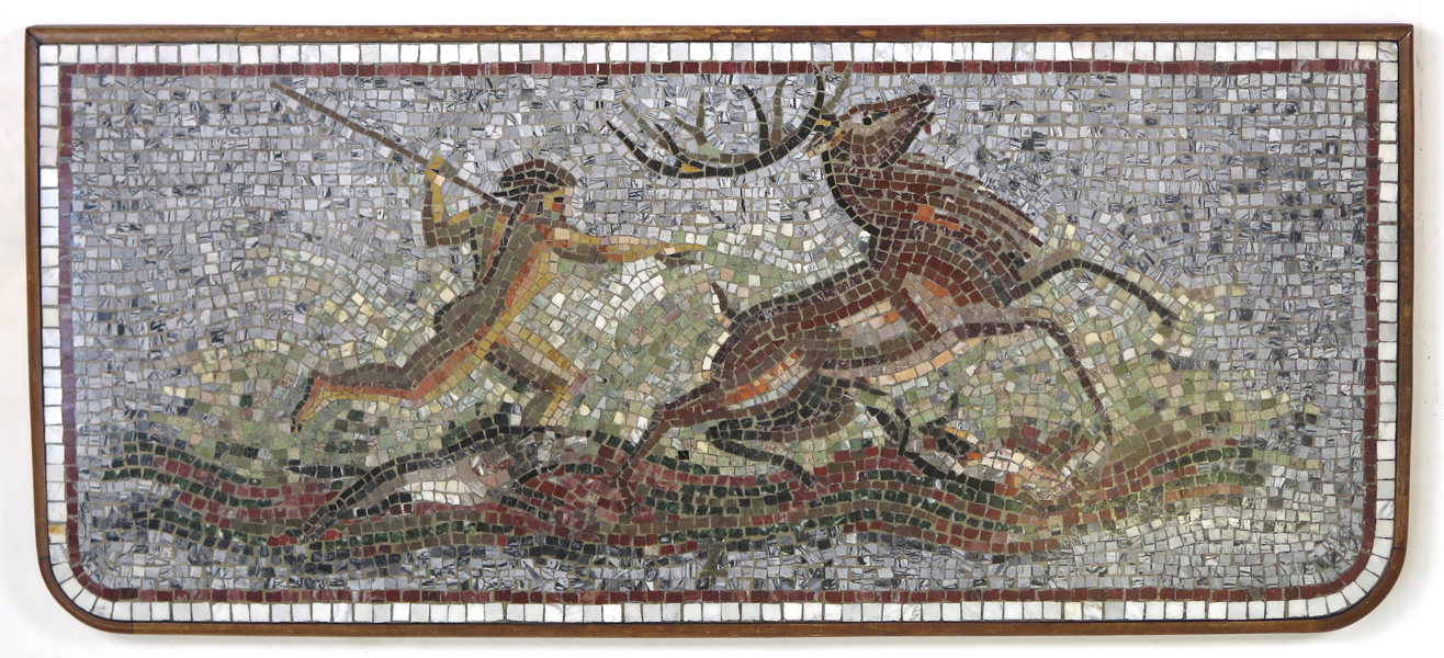 Okänd konstnär, 1920-30-tal, stenmosaik, möjligen bänkskiva, dekor av hjortjakt, 55 x 126 cm inklusiv träram