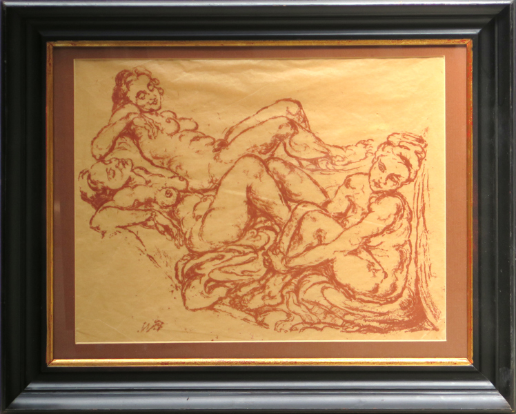 Okänd konstnär, 1910-20-tal, sepialitografi, vilande akter, otydligt signerad, synlig pappersstorlek 39 x 42 cm