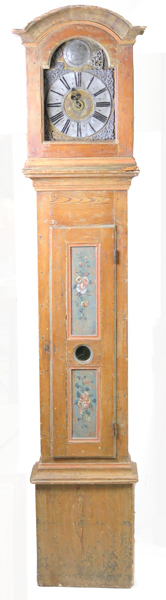 Golvur, delvis bemålat trä, barock, 1700-talets 1 hälft eller mitt, urtavla signerad Georg Berglin vilken var urmakarmästare i Stjärnsund 1717-1732,