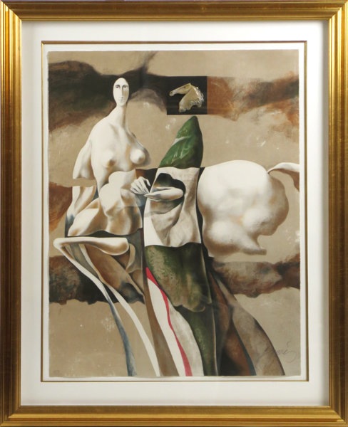 Baques, Josep, litografi med applikation, komposition med kvinna, signerad och numrerad 55/99, synlig pappersstorlek 76 x 59 cm