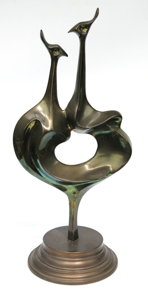 Okänd konstnär, skulptur, polerad brons, två påfåglar, h 50 cm