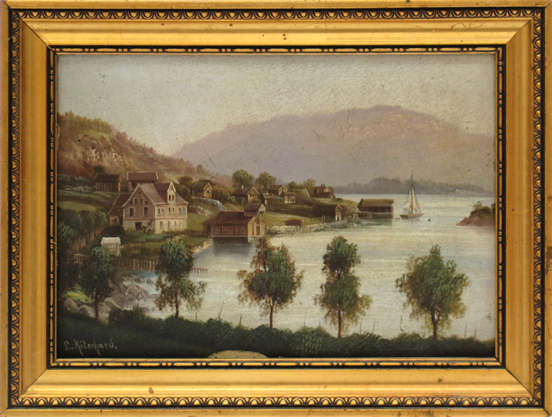 Sattler, Hubert (pseudonym Louis Ritschard), olja, insjölandskap med hus, signerad L Ritschard, 11 x 15 cm