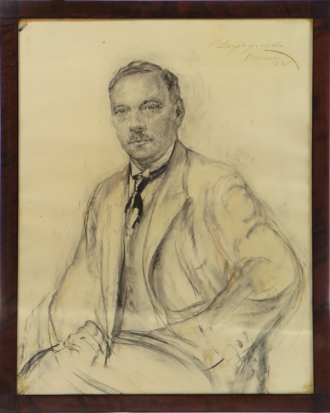 Okänd konstnär, kolteckning, porträtt, otydligt signerad Odense 1927, synlig pappersstorlek 79 x 61 cm