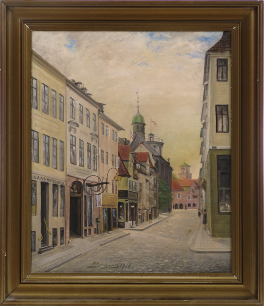 Okänd dansk konstnär, olja, Landemærket, Köpenhamn med Runde Taarn och domkyrkan, signerad Borgman och daterad 1916, 63 x 52 cm