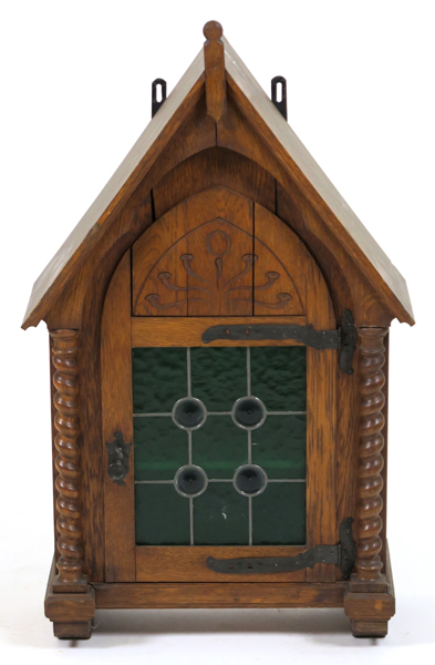 Väggskåp, bonad ek med smidesbeslag, jugend, sekelskiftet 1900, dörr med polykromt blyglas, h 91 cm