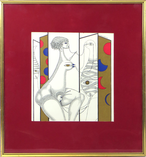 Svanberg, Max Walter, litografi, imaginistisk komposition med kvinna, präglat guldtryck, signerad och daterad -57, synlig pappersstorlek 25 x 23 cm