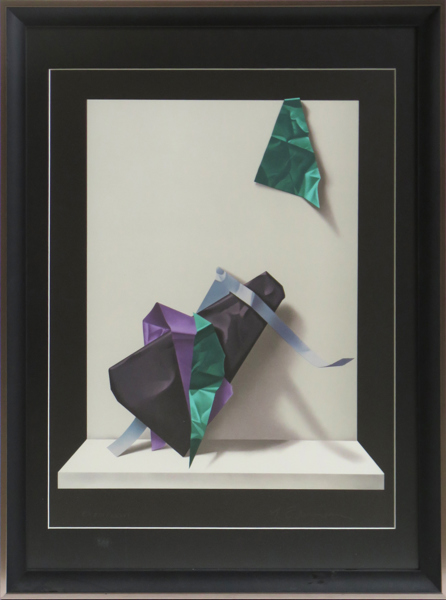 Edelmann, Yrjö, litografi, "Paper objects on a shelf", signerad och numrerad EA XIII/XXXVI, synlig pappersstorlek 58 x 43 cm