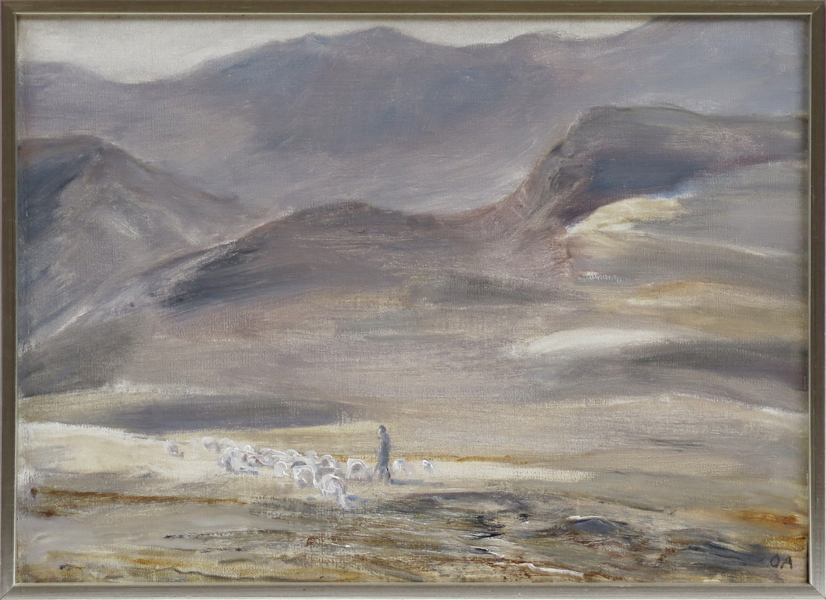 Agnell, Olle, olja, "Morgonlandskap med fårhjord, Kos", signerad, 46 x 63 cm