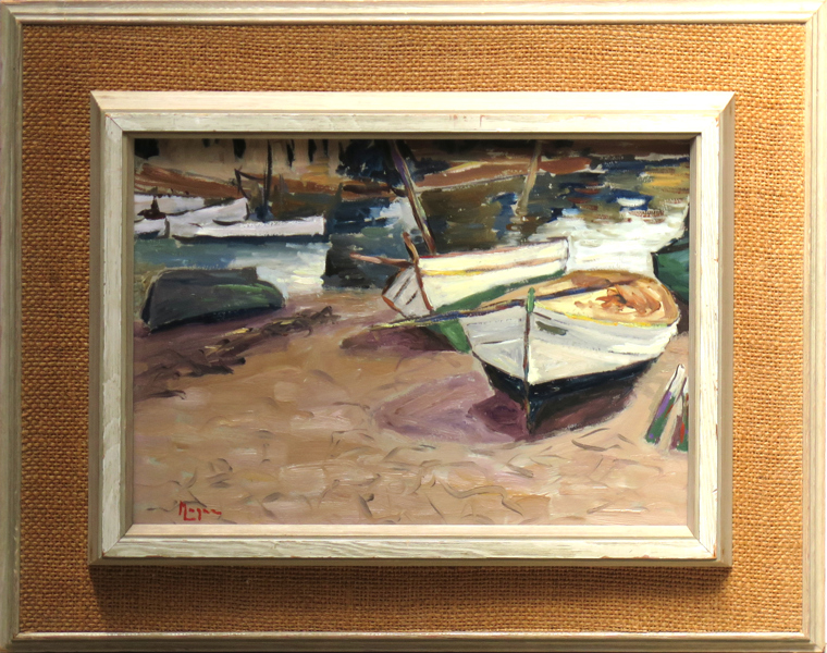 Okänd konstnär, sydländsk hamn, otydligt signerad, 24 x 33 cm