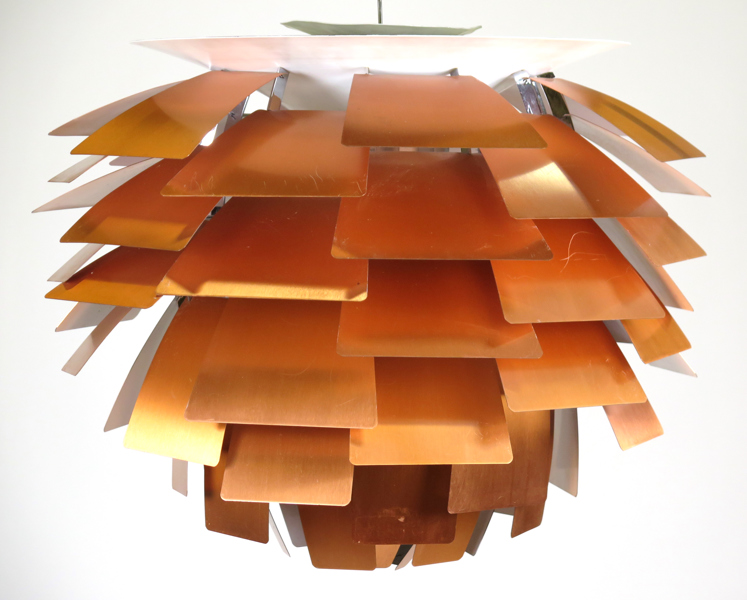 Henningsen, Poul för Louis Poulsen, taklampa, koppar, Kotte (Artichoke), design 1958 för Langelinie Pavillonen i Köpenhamn, etikettsignerad, dia 84 cm, el i behov av översyn, smärre repor och märken