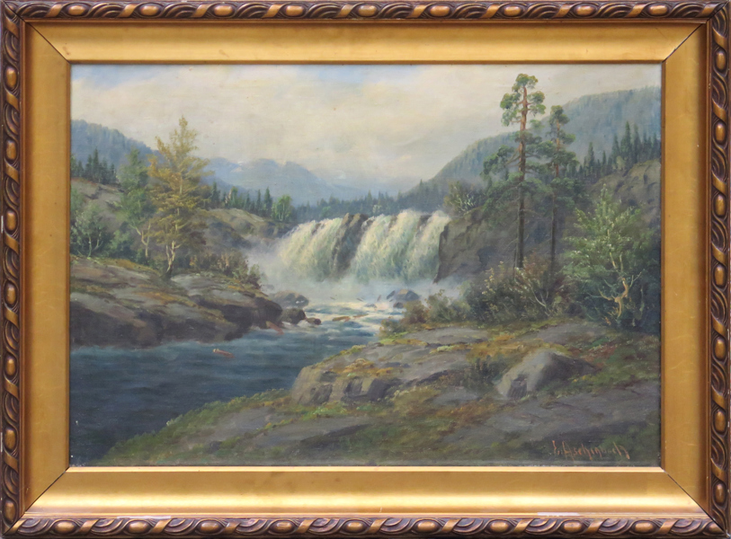 Aschenbach, Ernst, olja, landskap med vattenfall, signerad, 41 x 59 cm