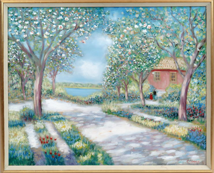 Lourak, Chiger, olja, trädgårdsbild med blommande äppelträd, _6233a_lg.jpeg