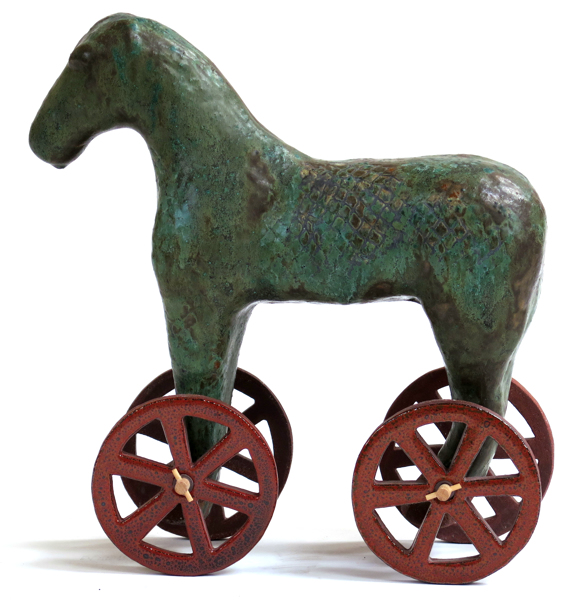 Okänd konstnär, skulptur, delvis glaserat stengods och trä, häst med hjul, _84a_8d80df96db19e4f_lg.jpeg