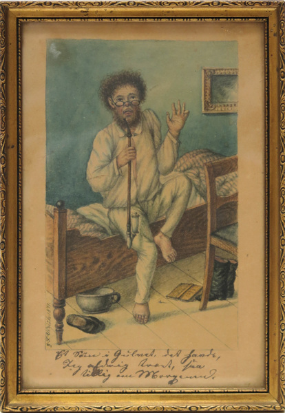 Okänd konstnär, 1800-talets 2 hälft, akvarell, rökande man i pyjamas, förklarande text_8437a_8d9034b3eaccab4_lg.jpeg
